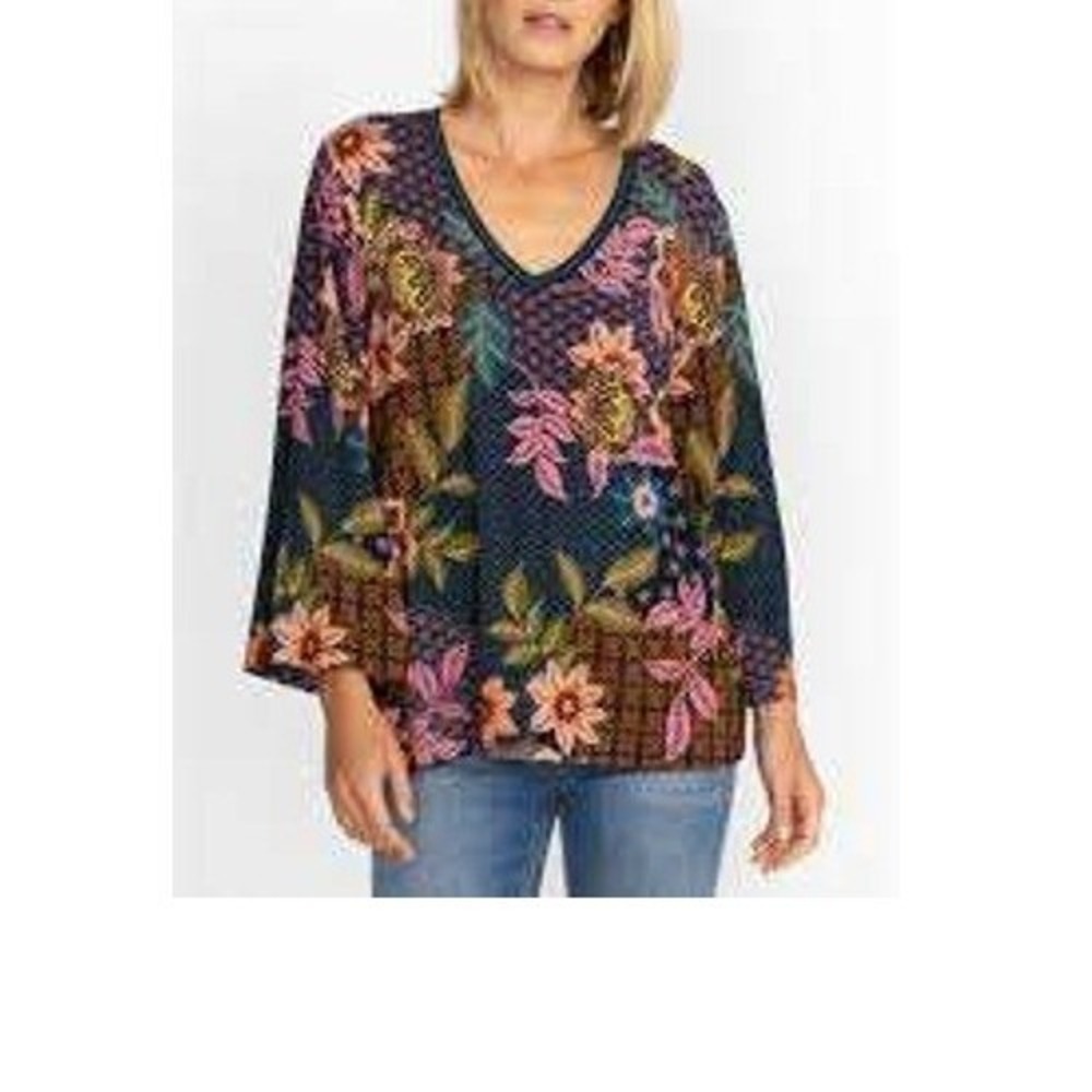 Johnny Was Womens Floral V-Neck Bamboo Long Sleeve Tunic Top Multi Color Small